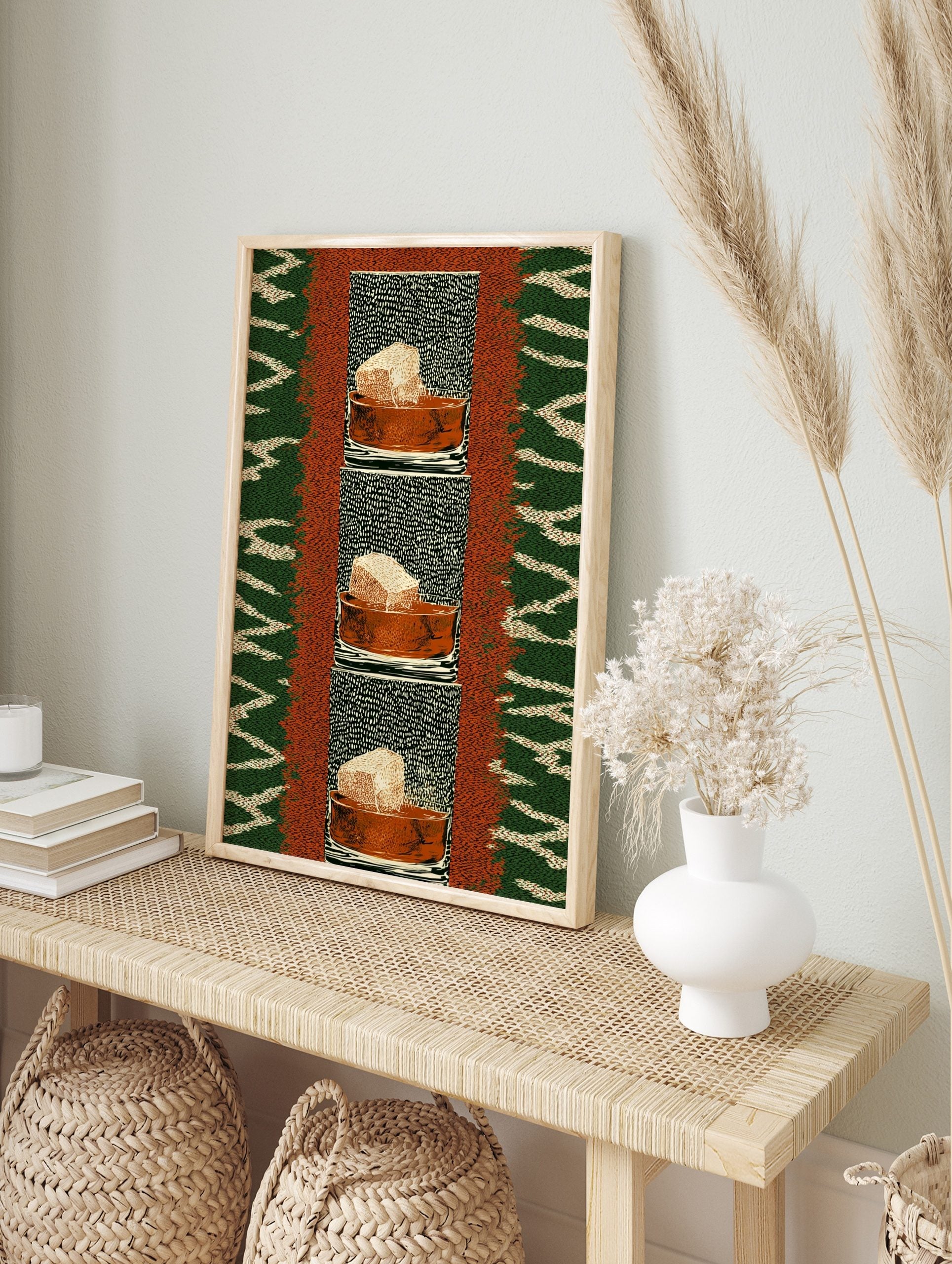 Repeated artwork of a textured honeycomb block in a terracotta bowl against a speckled black, in an alternate framed mockup