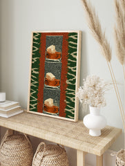 Repeated artwork of a textured honeycomb block in a terracotta bowl against a speckled black, in an alternate framed mockup