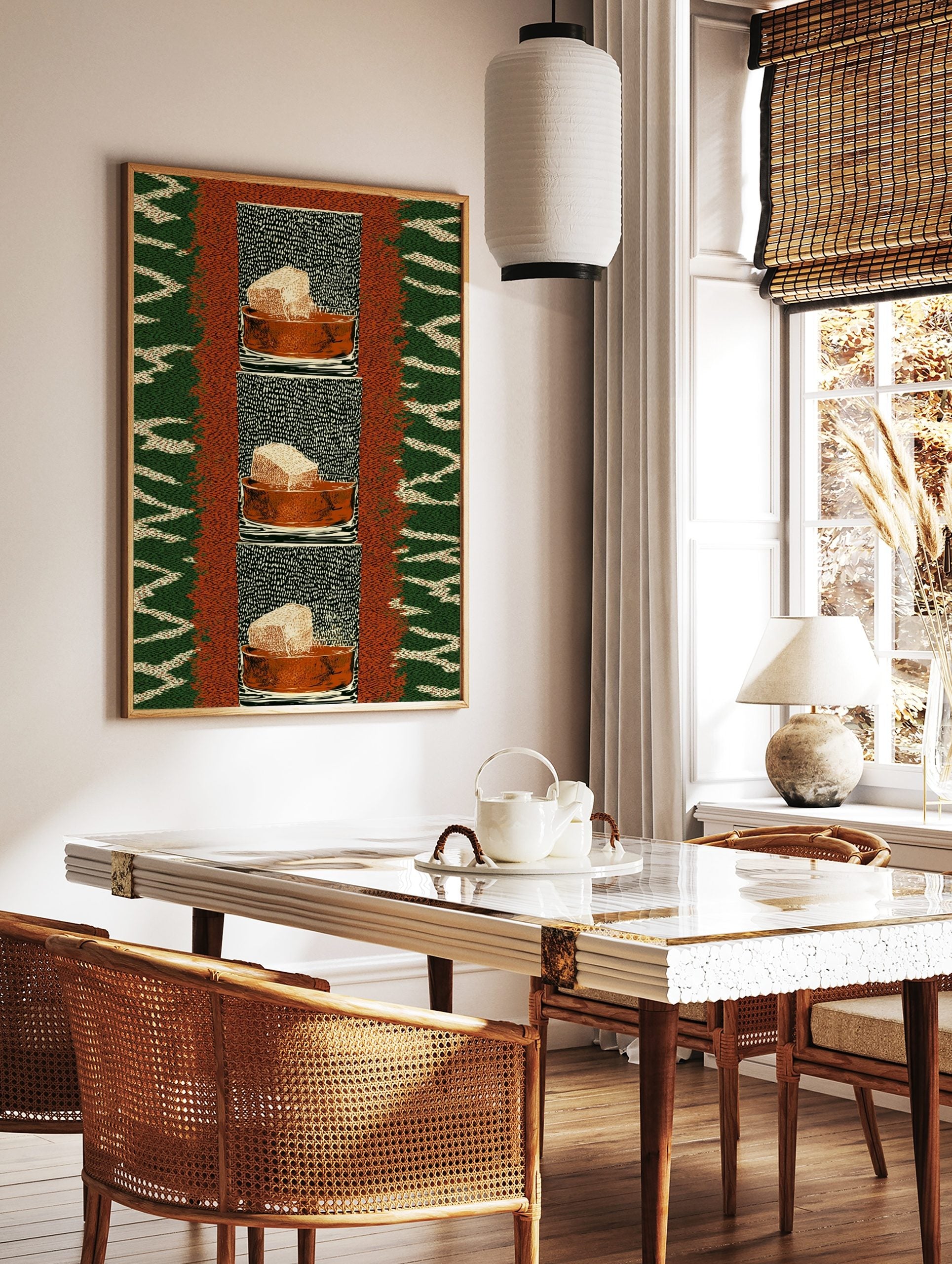 Repeated artwork of a textured honeycomb block in a terracotta bowl against a speckled black and, in a styled room mockup