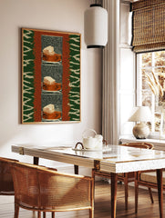 Repeated artwork of a textured honeycomb block in a terracotta bowl against a speckled black and, in a styled room mockup