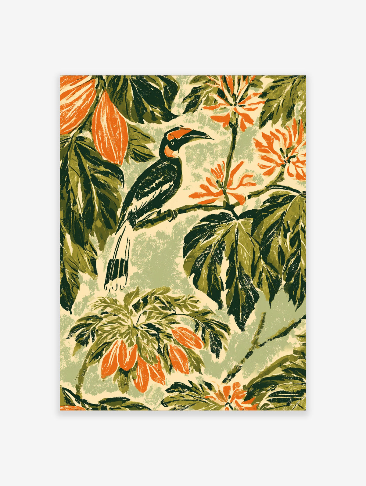 Hornbill bird art print with orange flowers and green leaves on cream background