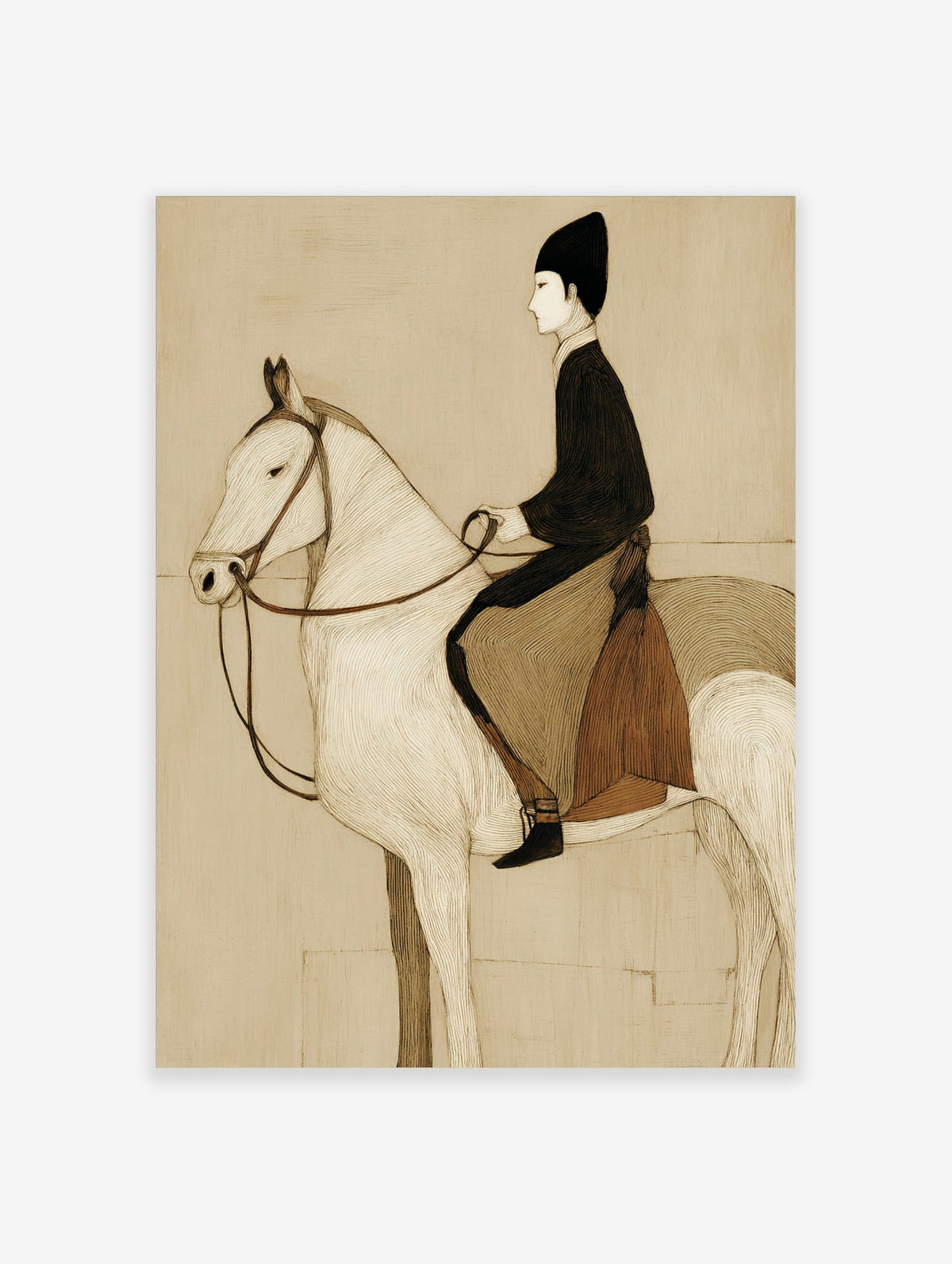 Illustrative sepia print of a horse and rider in profile, with fine linear textures and minimalist style