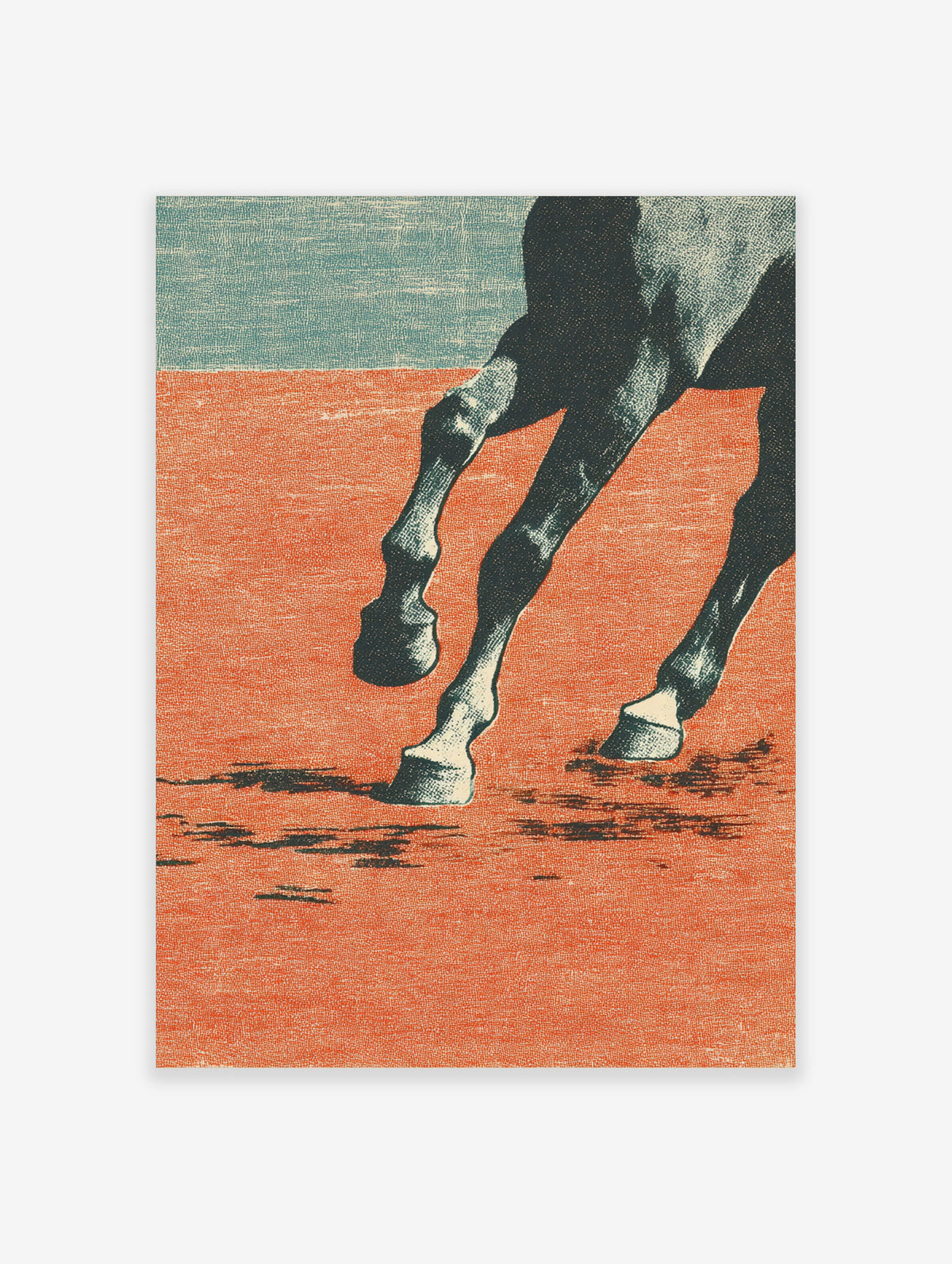 Horse legs poster with orange ground and teal sky, showing hind legs and hooves in motion