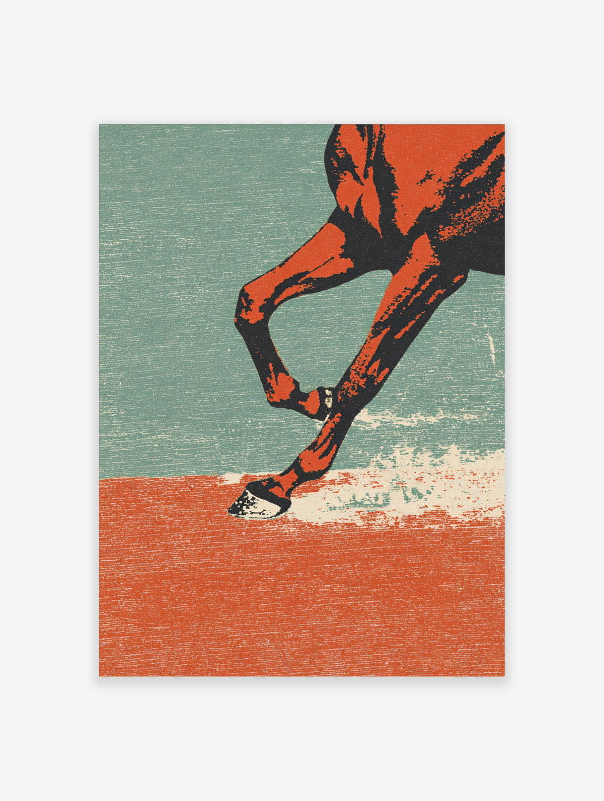 Horse legs running poster in orange and teal linocut style with textured background