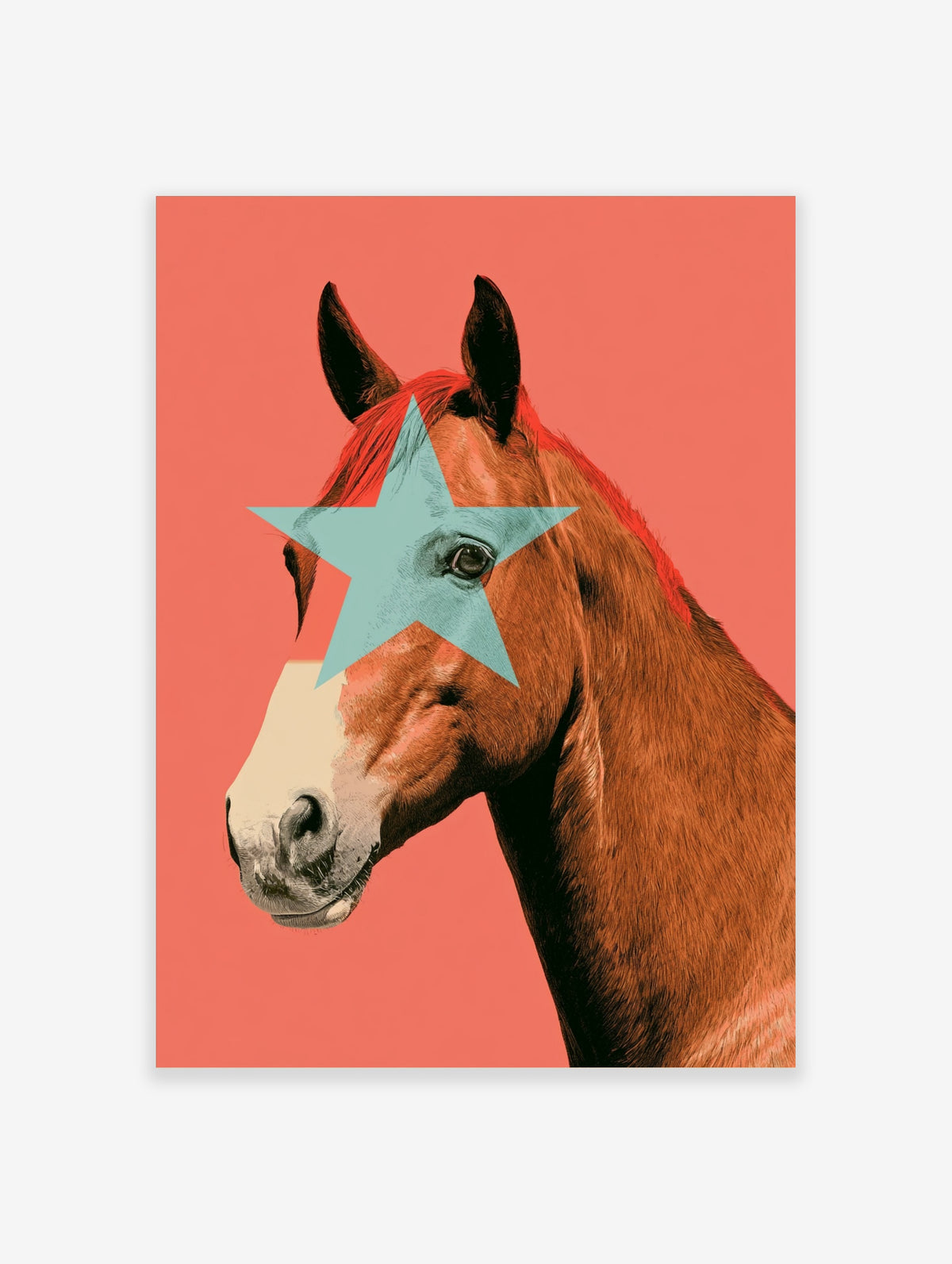 Chestnut horse portrait with teal star over eye on coral background art print