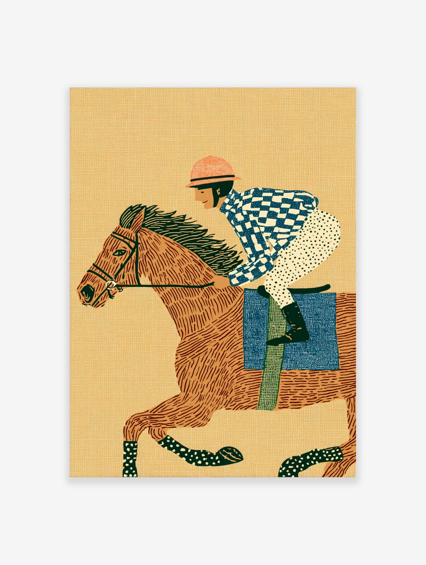 Illustration of a jockey in blue checkered shirt riding a galloping horse on beige background