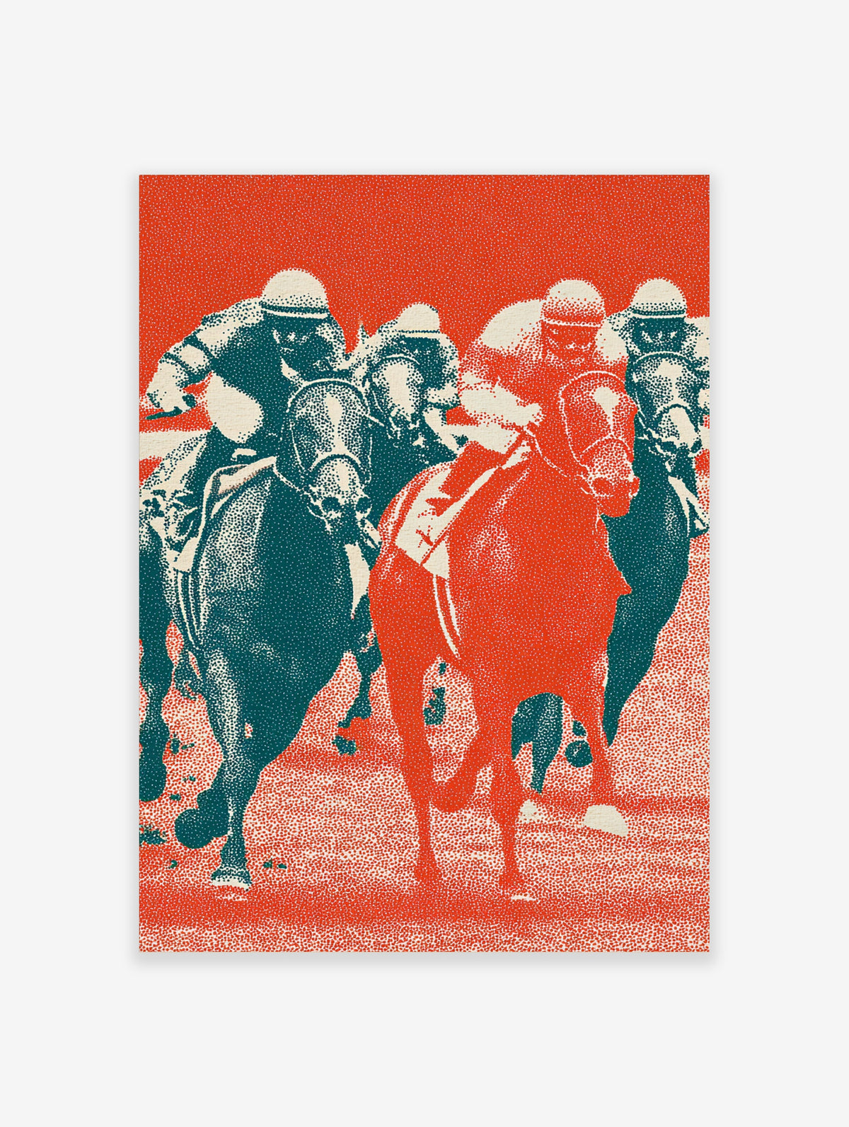 Horse racing poster with four jockeys on galloping horses in red and teal halftone style