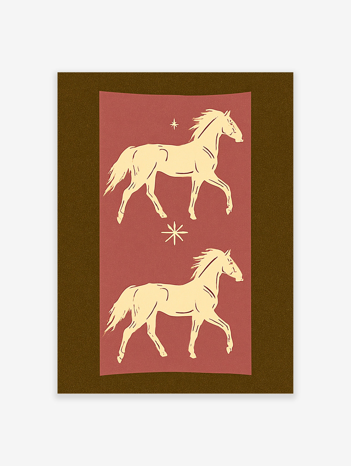 Cream horse art print with two mirrored horses and stars on a deep red background