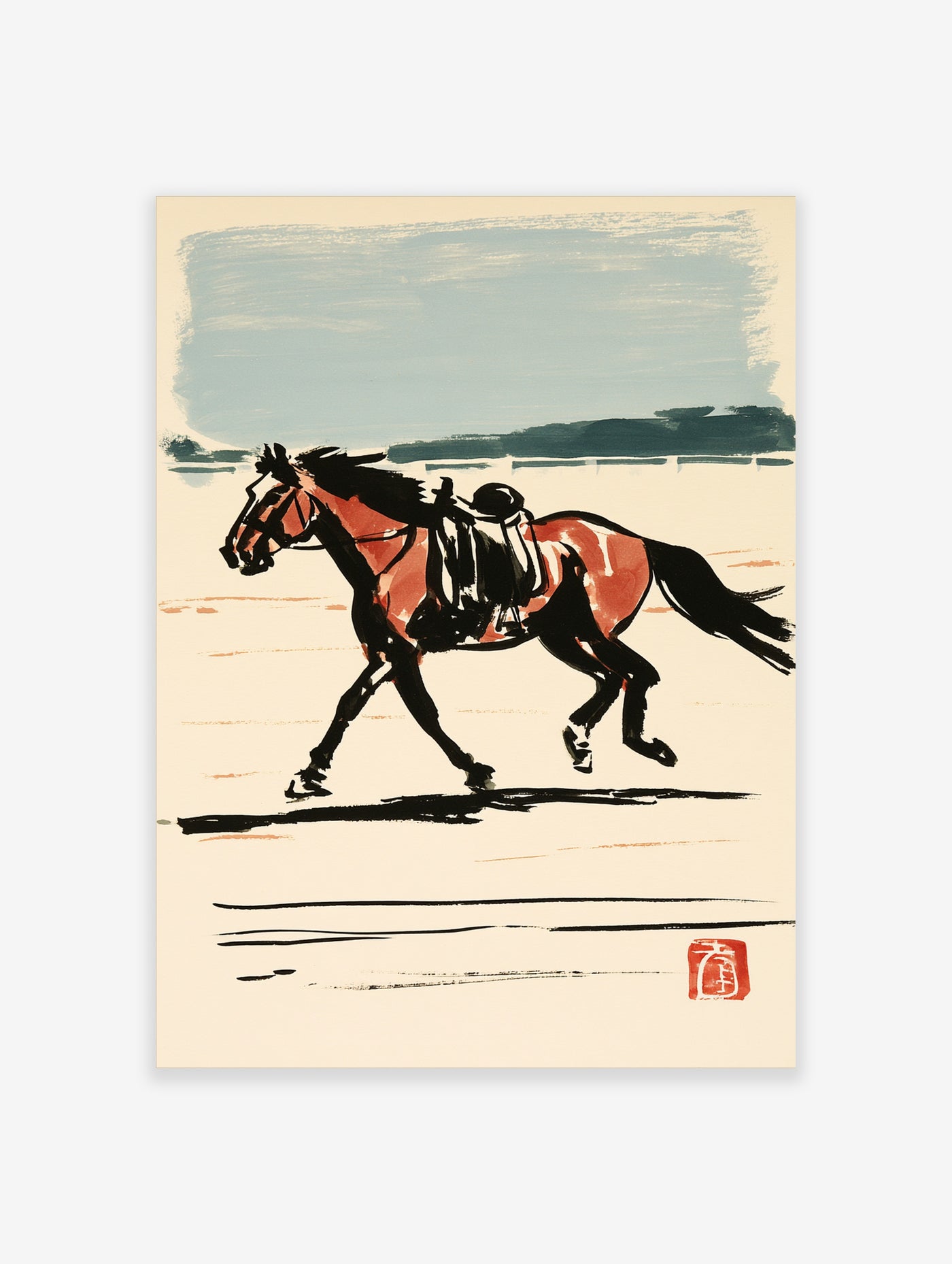 Ink wash painting of a saddled horse in motion, red-brown coat, black mane, pale blue sky, red seal stamp