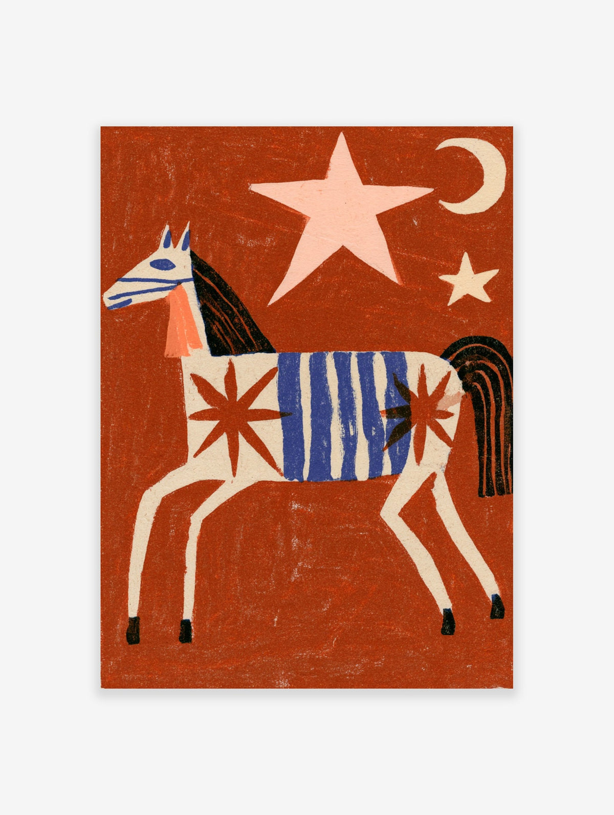 Stylized folk art horse print with blue stripes and stars on a rustic red background