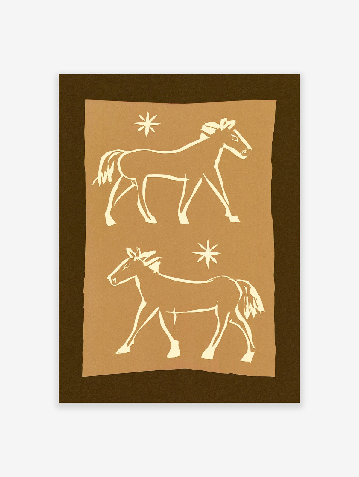 Two cream horses with star motifs on a tan background, minimalist animal art print