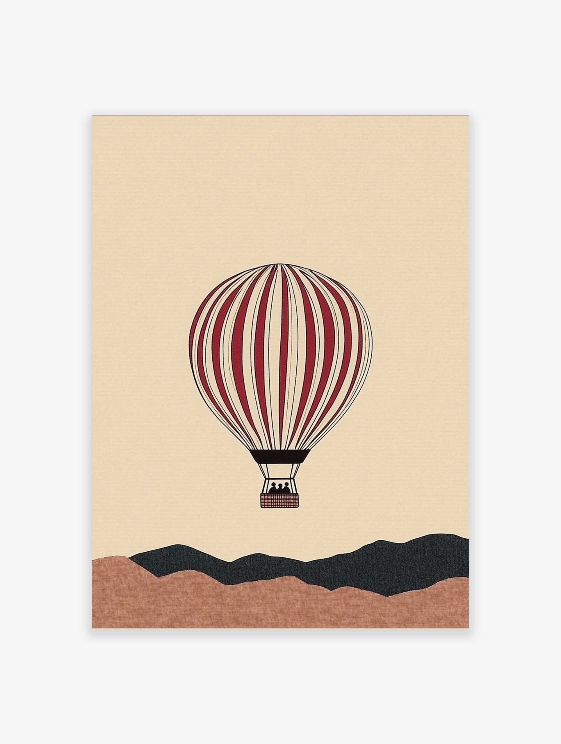 Illustrative red and cream hot air balloon floating above abstract brown and dark grey hills on a beige background