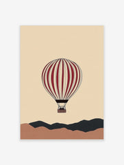 Illustrative red and cream hot air balloon floating above abstract brown and dark grey hills on a beige background