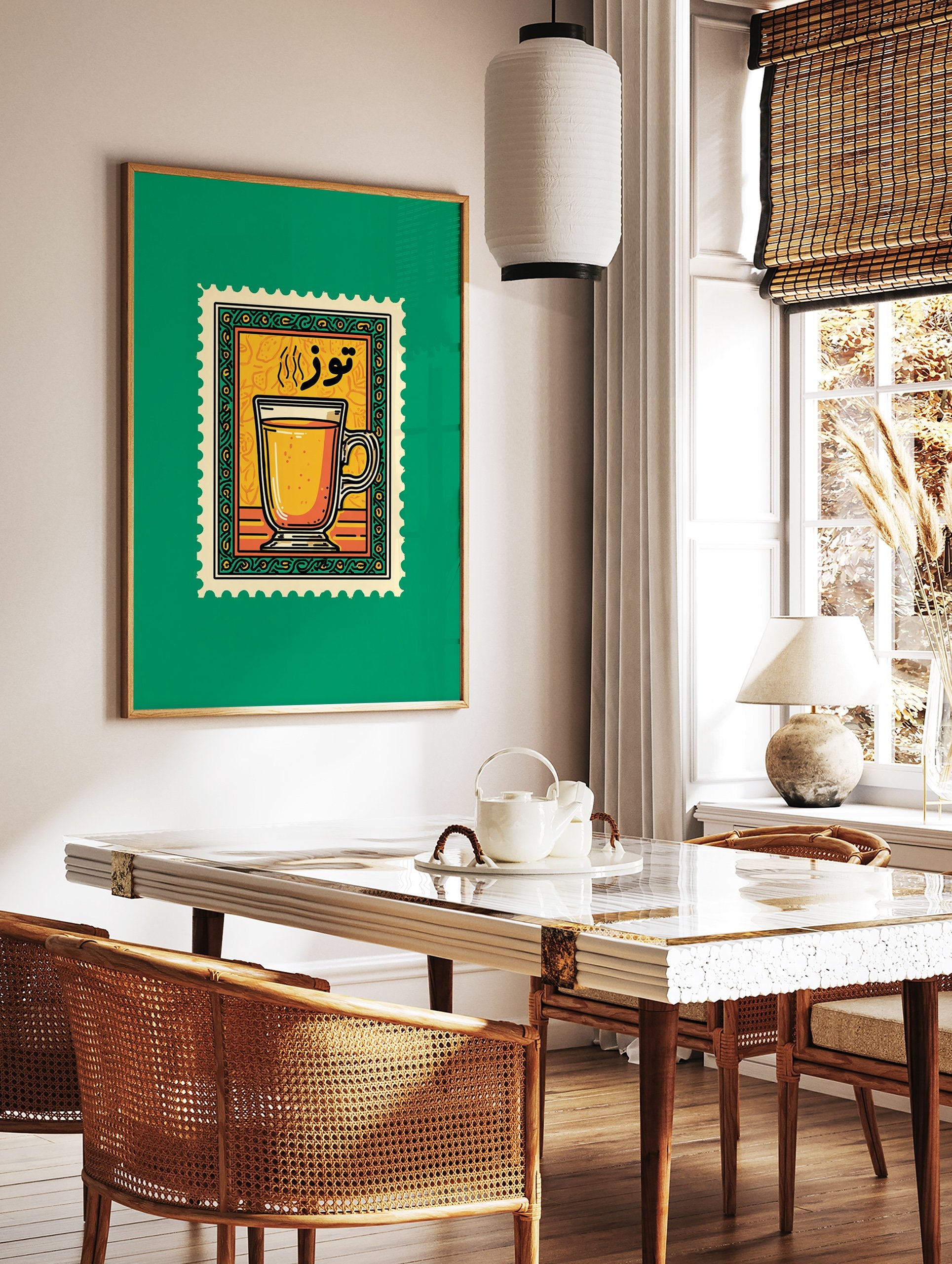 Hot Tea Stamp Wall Art featuring an illustrated mug with Arabic calligraphy on a yellow background with green border. - Image 3