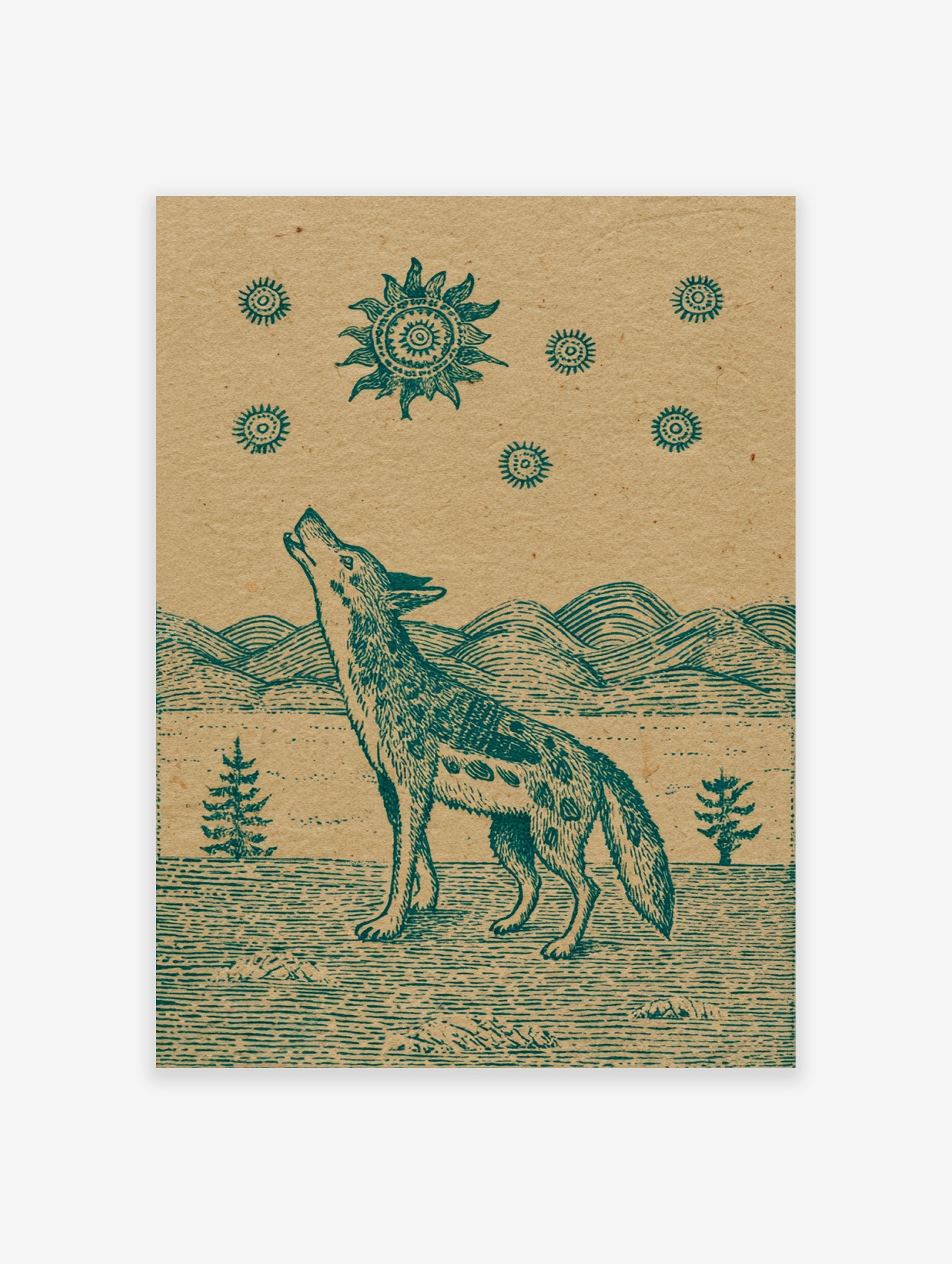 Howling coyote poster with a vintage-style illustration of a coyote looking up at a stylized sun and stars.