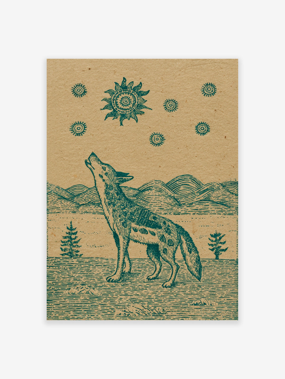 Howling coyote poster with a vintage-style illustration of a coyote looking up at a stylized sun and stars.
