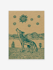Howling coyote poster with a vintage-style illustration of a coyote looking up at a stylized sun and stars.