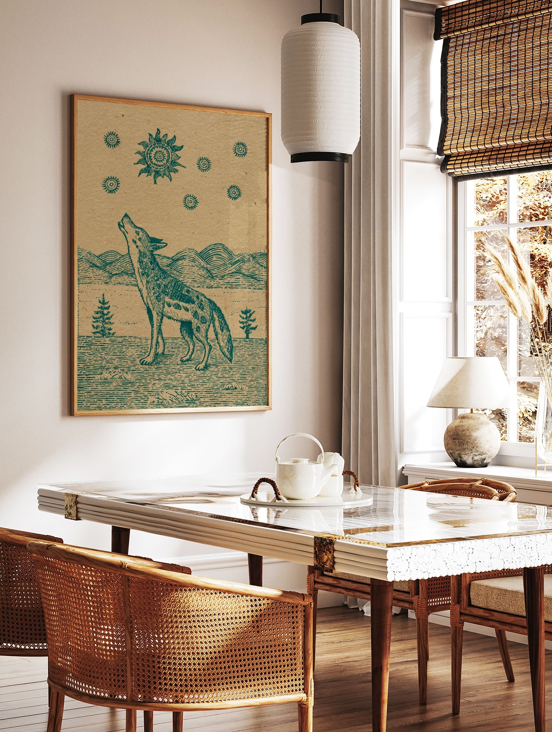 Howling coyote poster with a vintage-style illustration of a coyote looking up at a stylized sun and stars. - Image 2