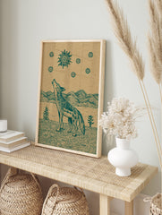 Howling coyote poster with a vintage-style illustration of a coyote looking up at a stylized sun and stars. - Image 4