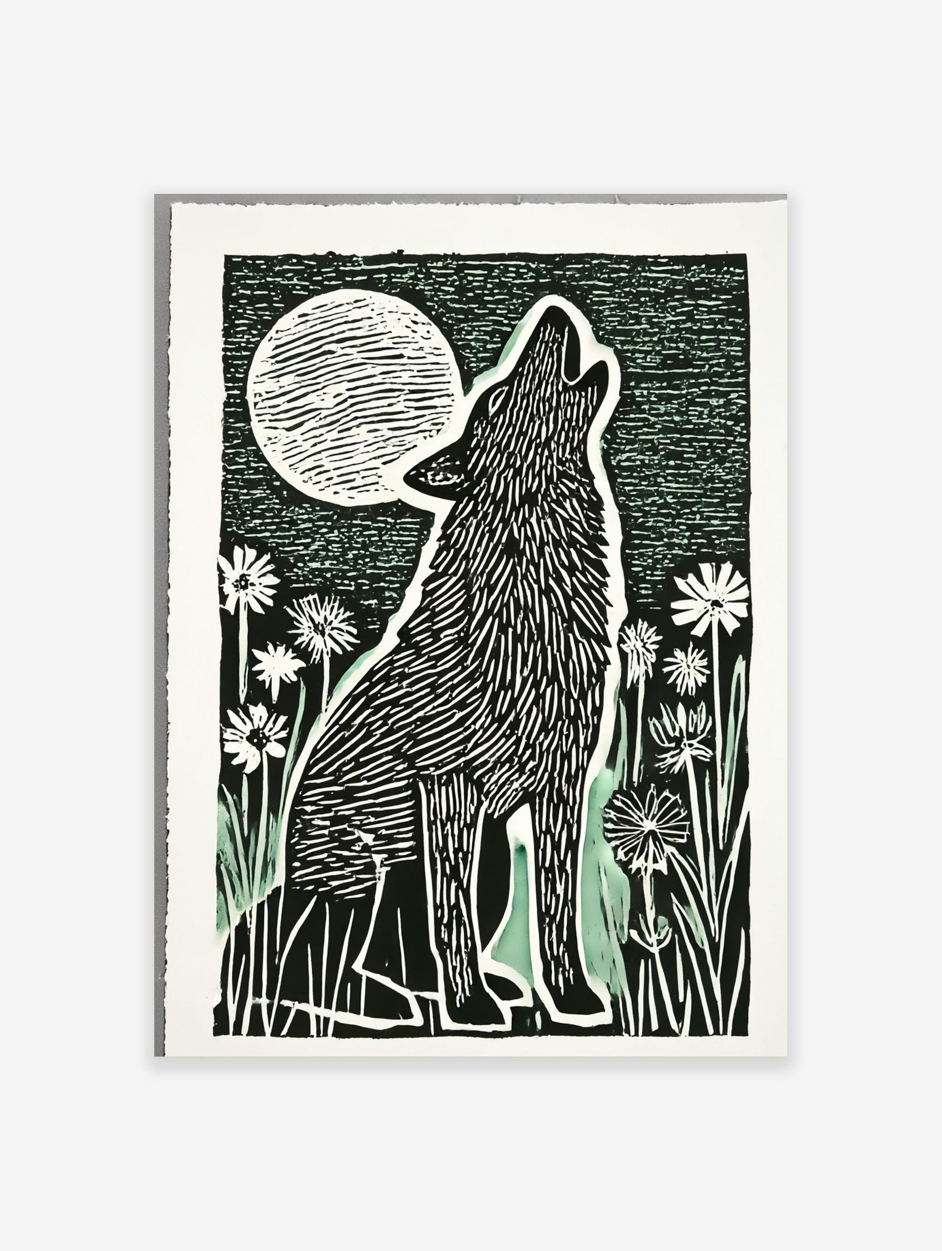Linocut style art print of a howling wolf with a full moon and flowers in black, white, and green