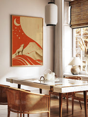 Illustrative art print of a howling wolf, crescent moon, stars, and Mount Fuji in red and beige, in a styled room mockup