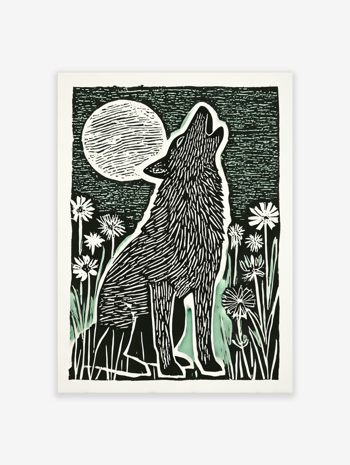 Illustrative black and white block print of a howling wolf under a large, striped full moon with wildflowers