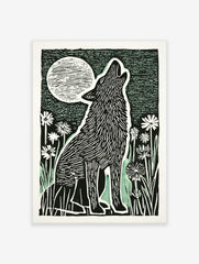 Illustrative black and white block print of a howling wolf under a large, striped full moon with wildflowers