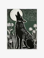Black howling wolf linocut art print under a white full moon with white wildflowers on a green background