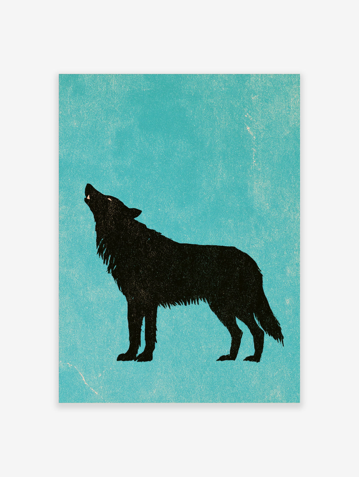 Black howling wolf silhouette on textured teal background, animal poster print