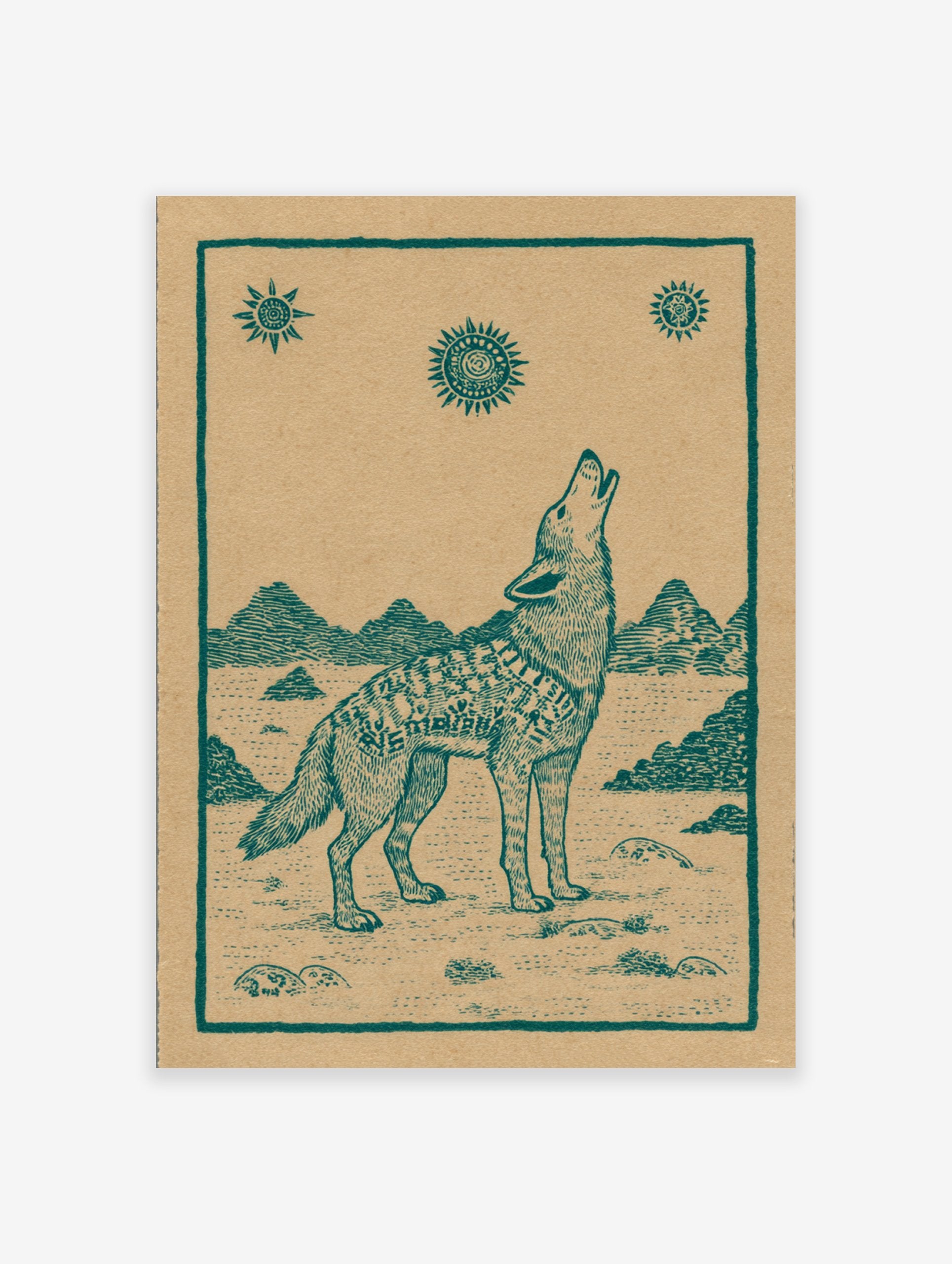 Howling wolf poster with folk art style, teal illustration on brown paper, featuring mountains and sun symbols.