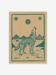Howling wolf poster with folk art style, teal illustration on brown paper, featuring mountains and sun symbols.