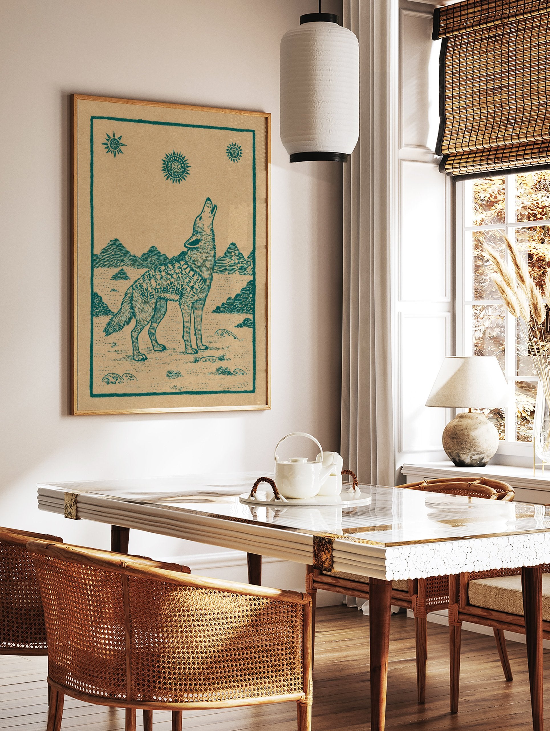 Howling wolf poster with folk art style, teal illustration on brown paper, featuring mountains and sun symbols. - Image 2