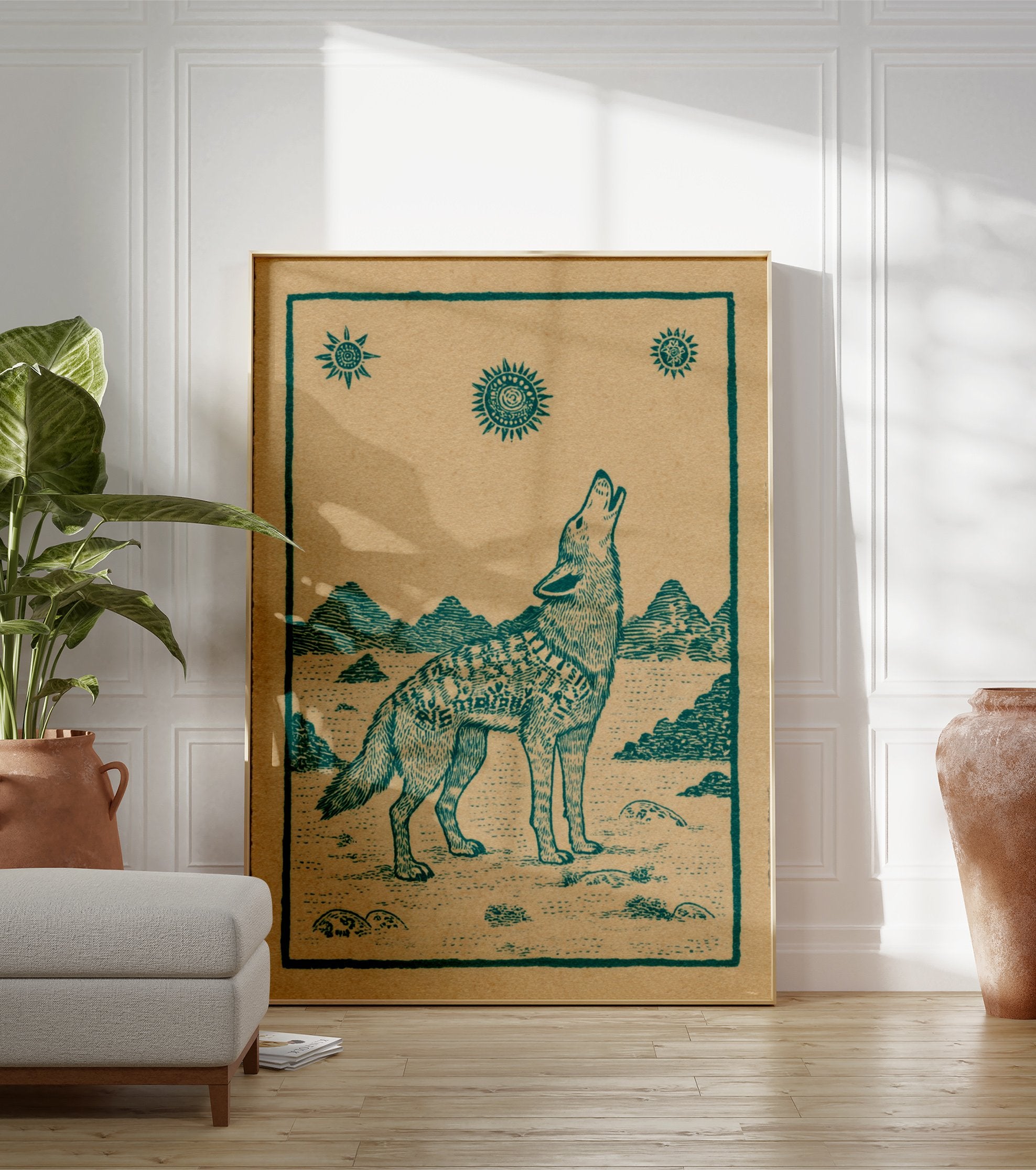 Howling wolf poster with folk art style, teal illustration on brown paper, featuring mountains and sun symbols. - Image 3