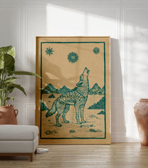 Howling wolf poster with folk art style, teal illustration on brown paper, featuring mountains and sun symbols. - Image 3