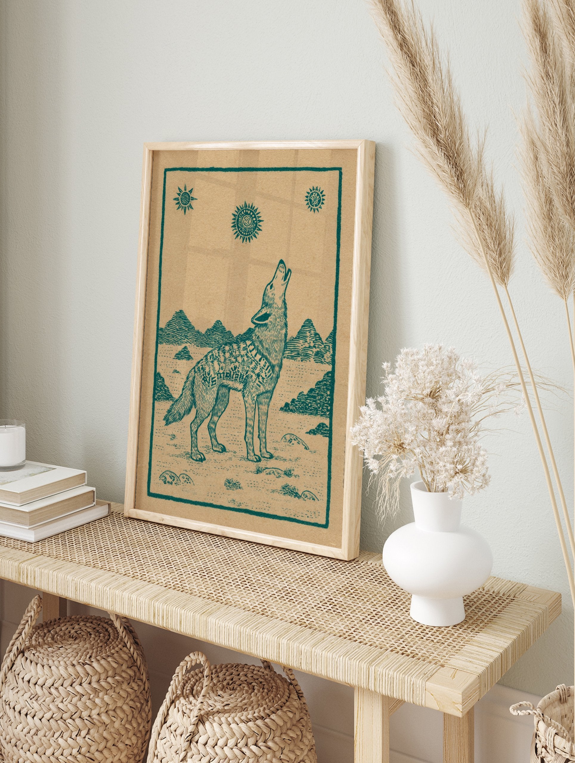 Howling wolf poster with folk art style, teal illustration on brown paper, featuring mountains and sun symbols. - Image 4