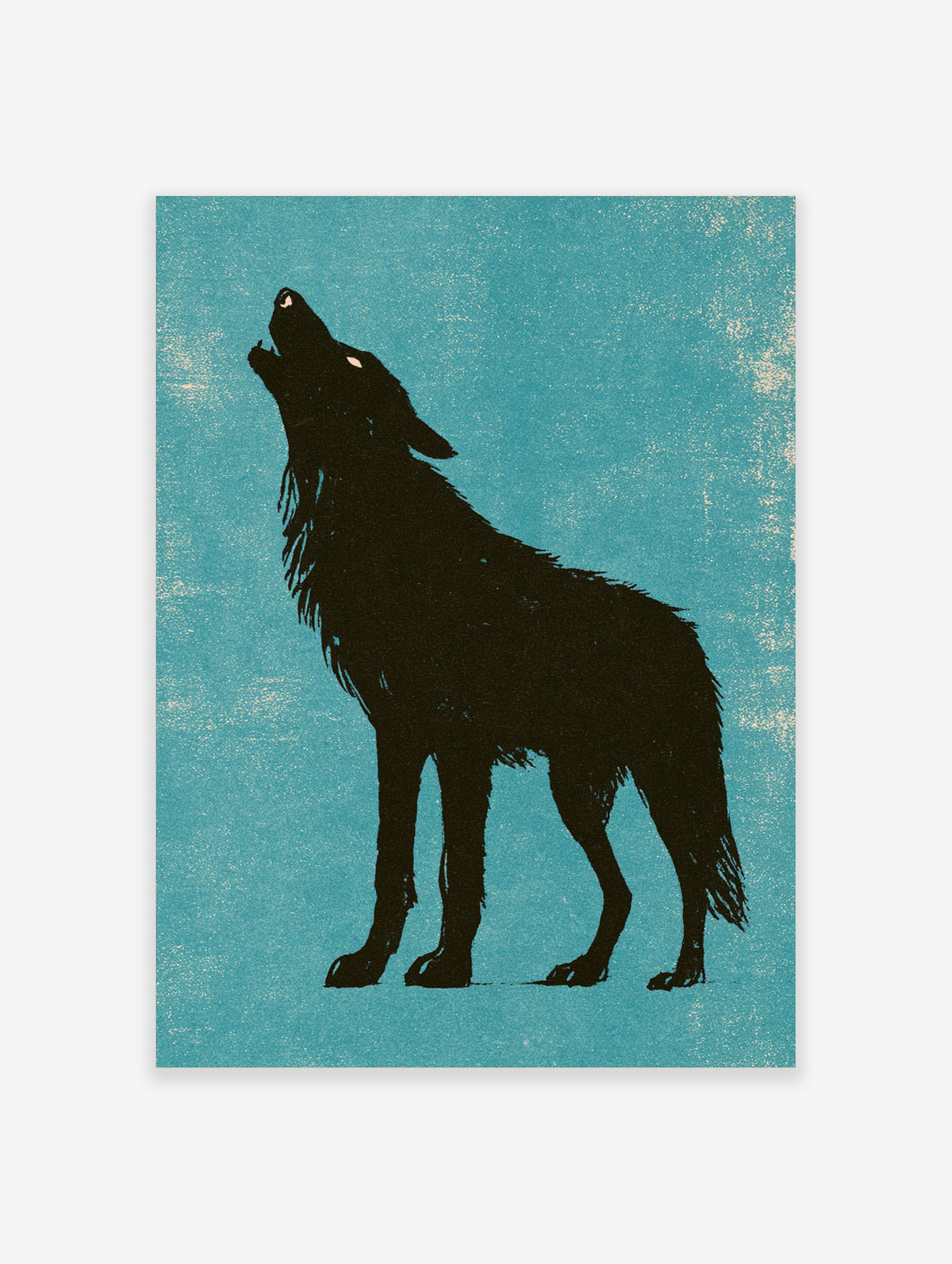 Black wolf silhouette howling against a textured teal blue background, animal poster print