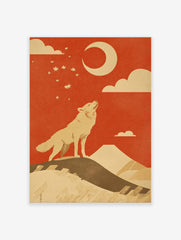 Illustrative print of a howling wolf on a hill, looking up at a crescent moon and stars against a red sky