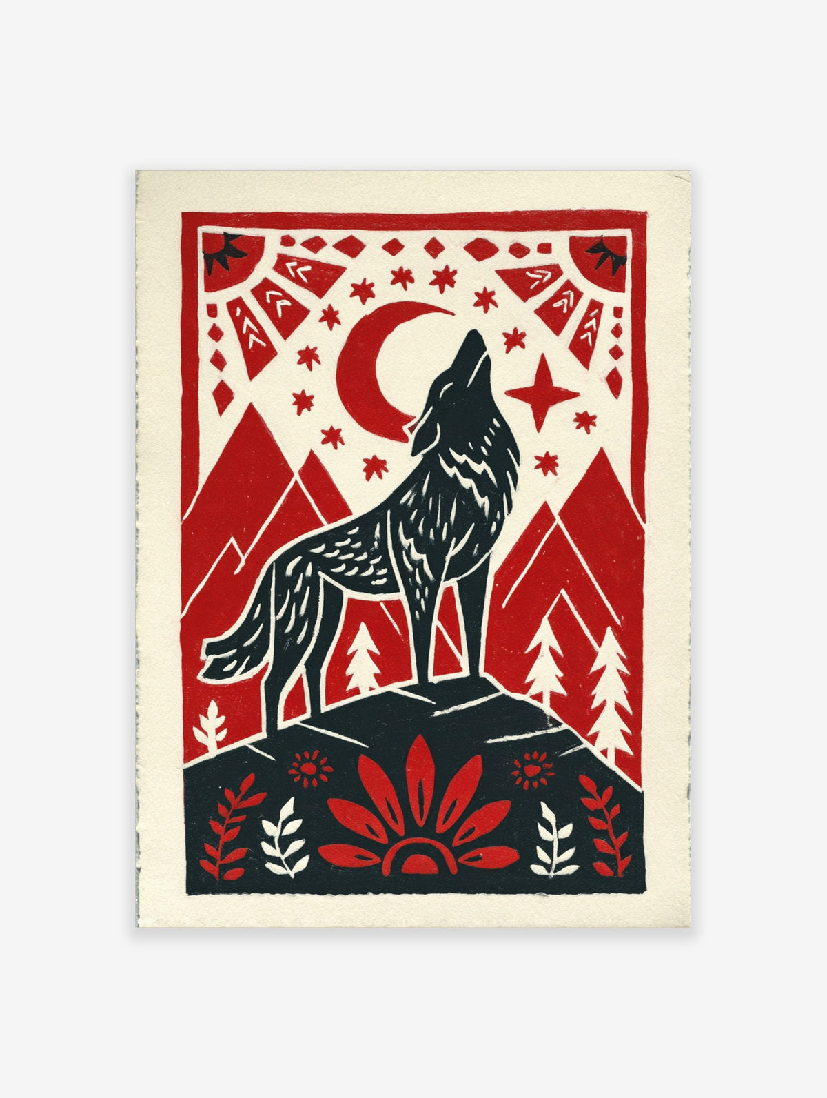 Howling wolf against red moon and stars, framed by mountains and folk art border in red, black, cream