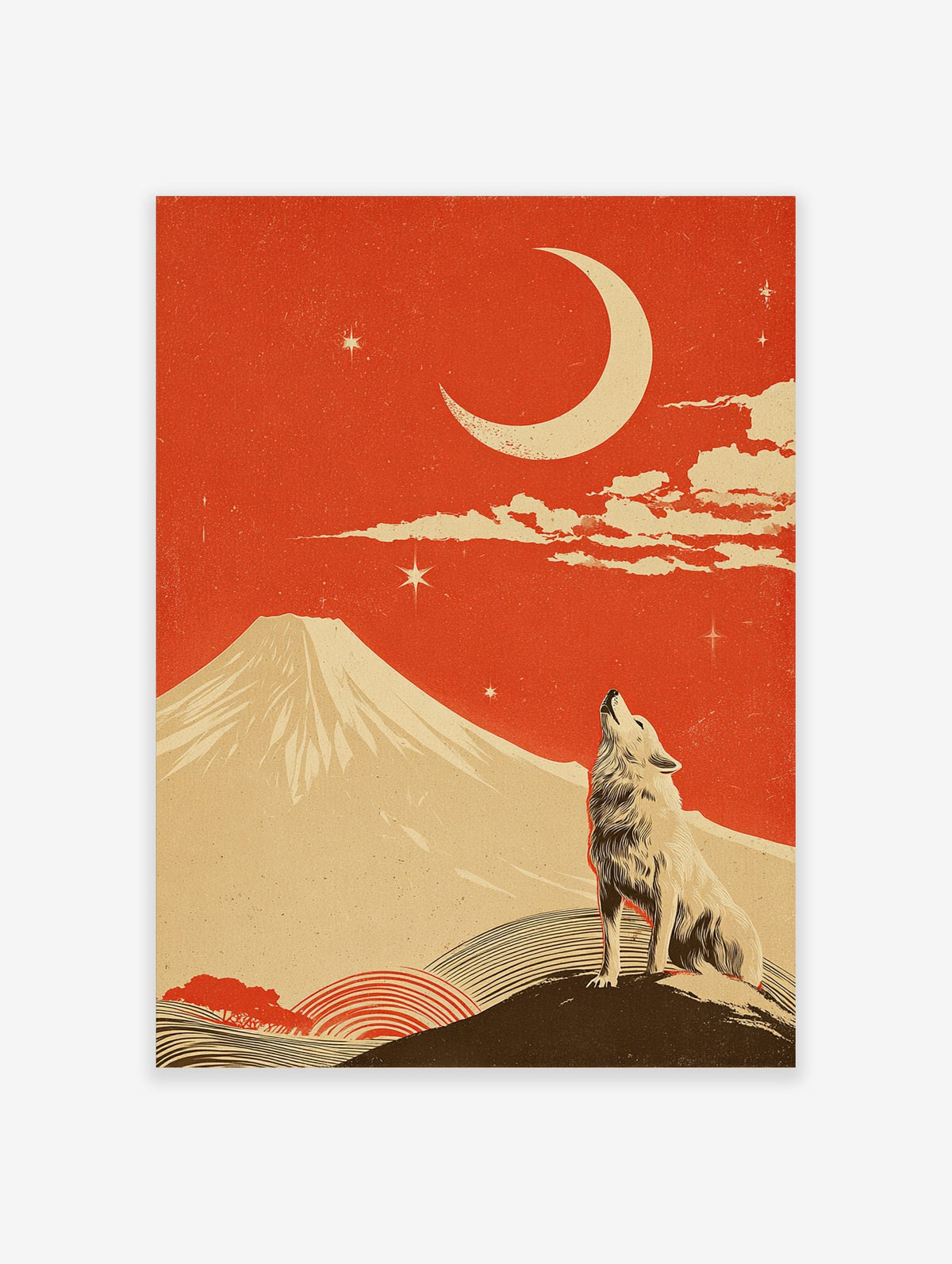 Illustrative print of a howling wolf, a large crescent moon, and a snow-capped mountain under a red sky