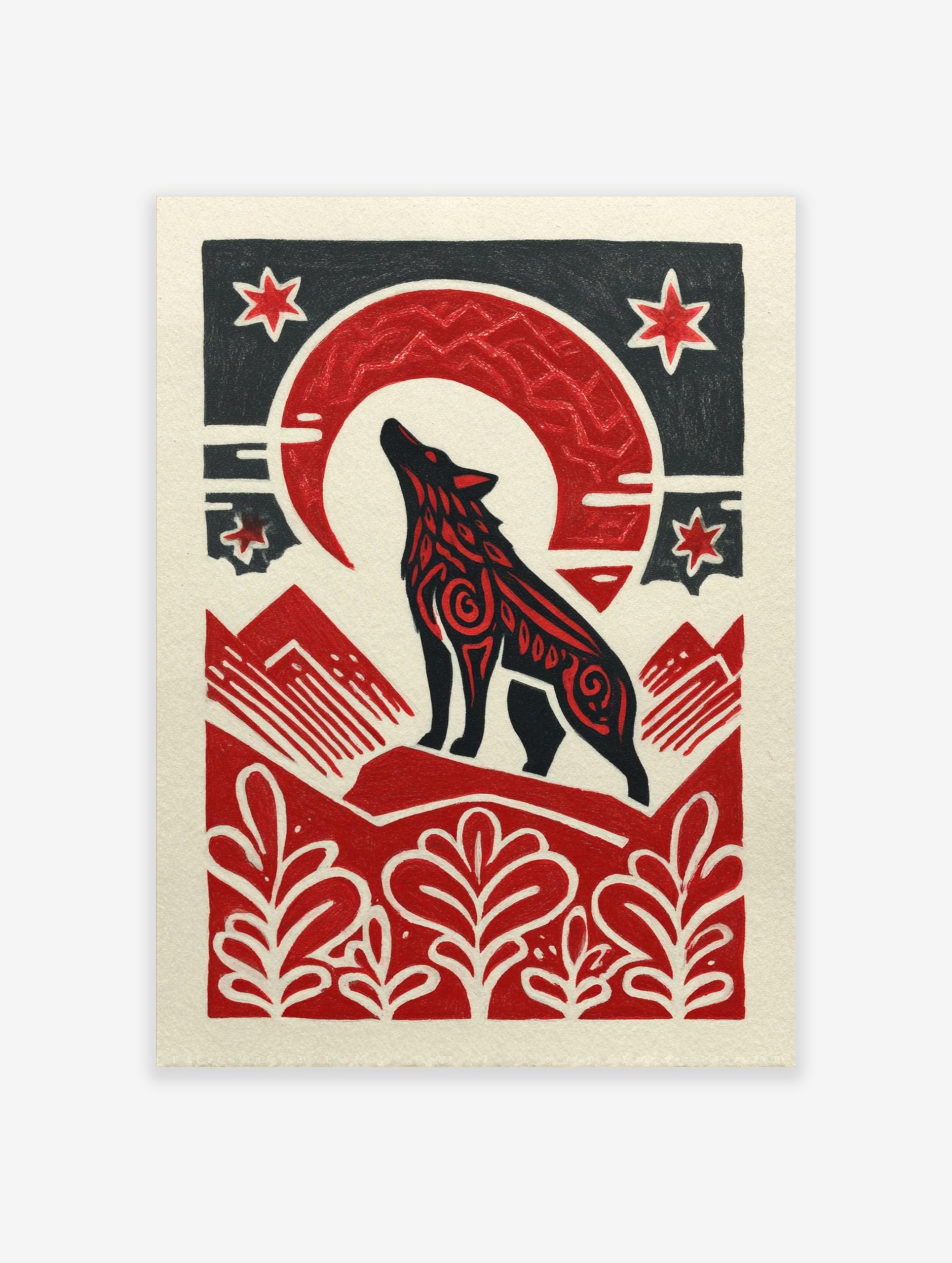Black howling wolf with red patterns under a red crescent moon and stars, with red mountains and plants below, in a linocut