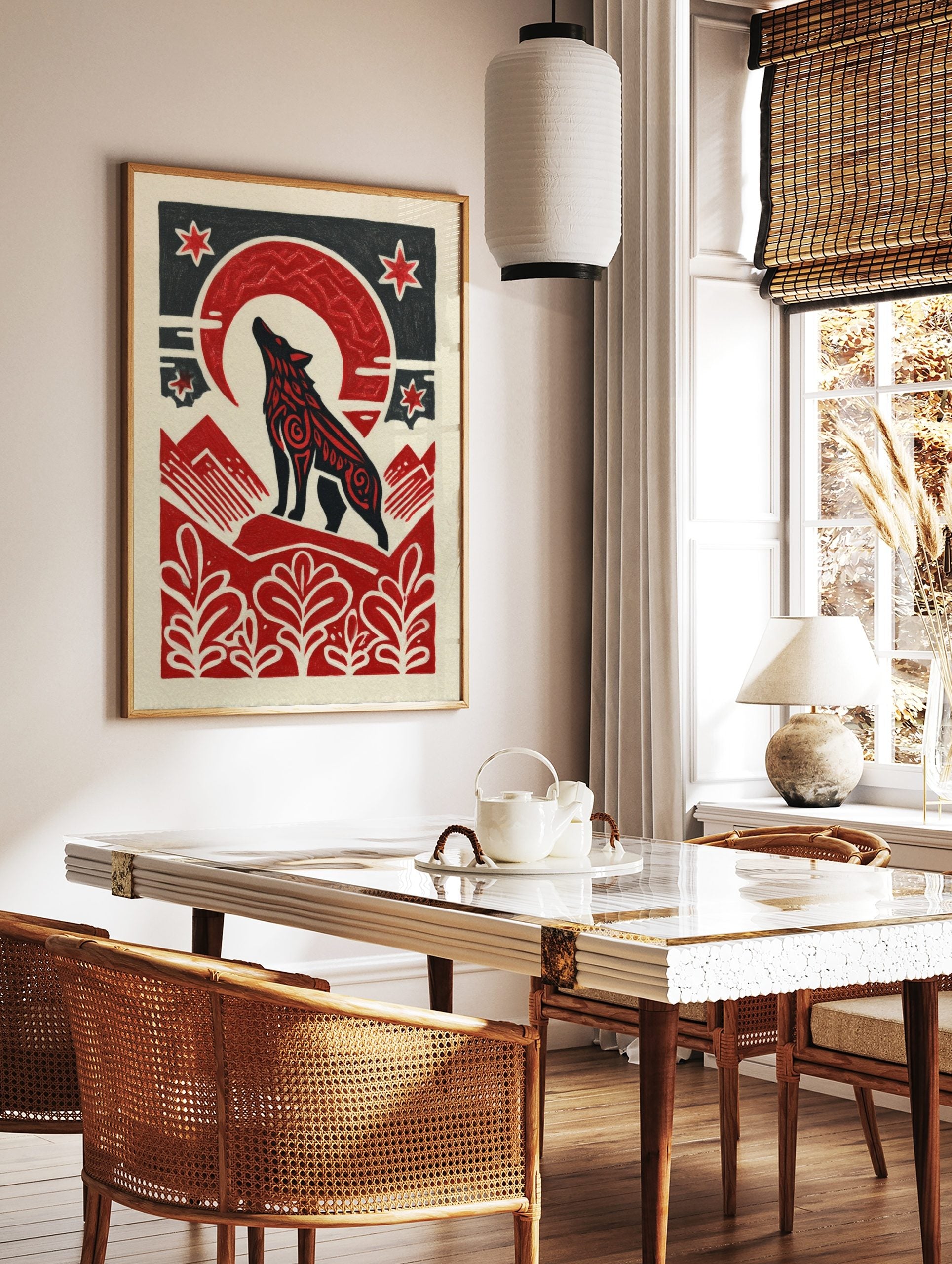 Black howling wolf with red patterns under a red crescent moon and stars, with red mountains and, in a styled room mockup