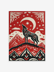 Illustrative red, black, and off-white art print of a howling wolf on a mountain under a crescent moon