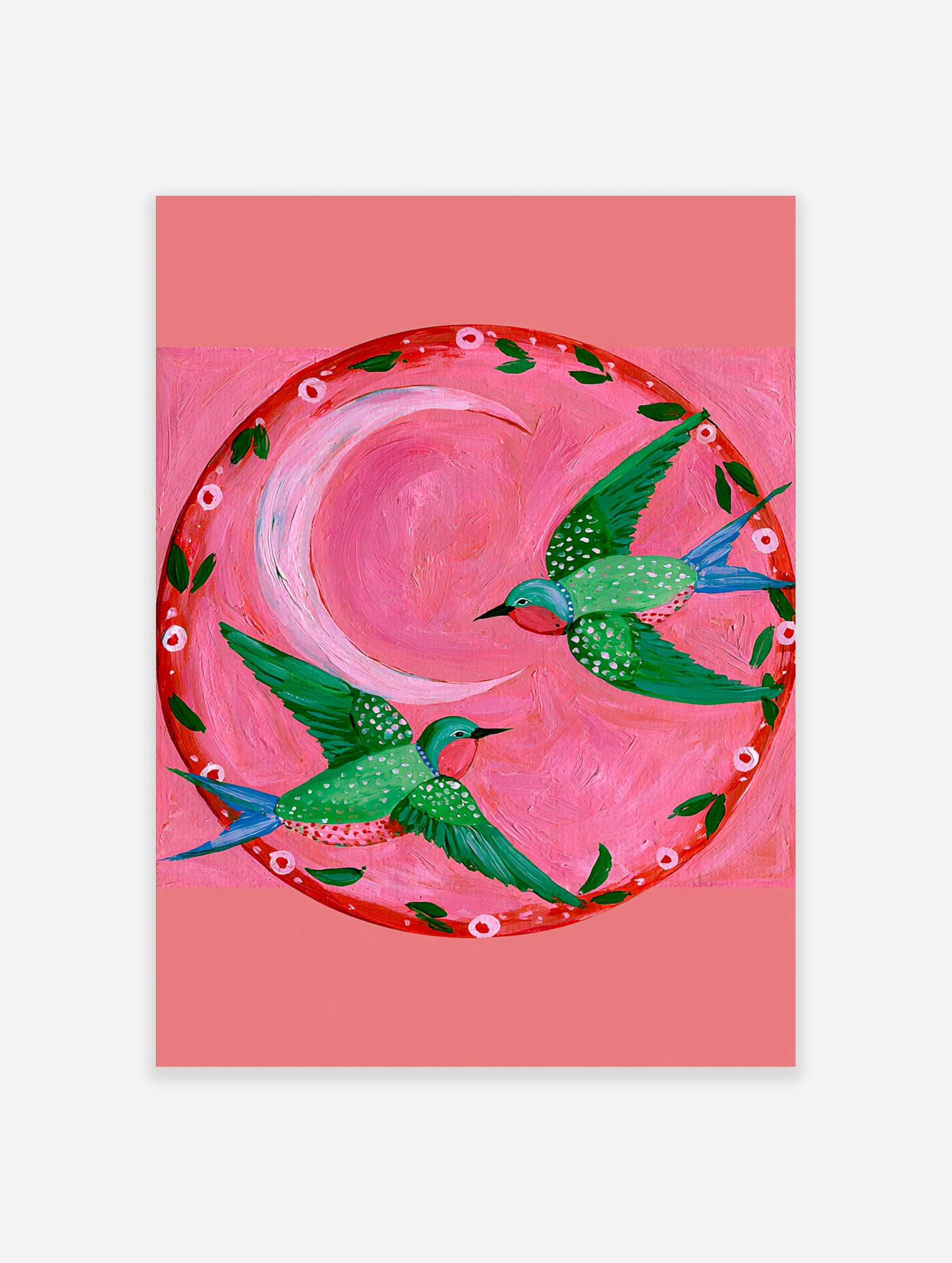 Two green hummingbirds with pink throats flying in a circle around a pink crescent moon on a pink background