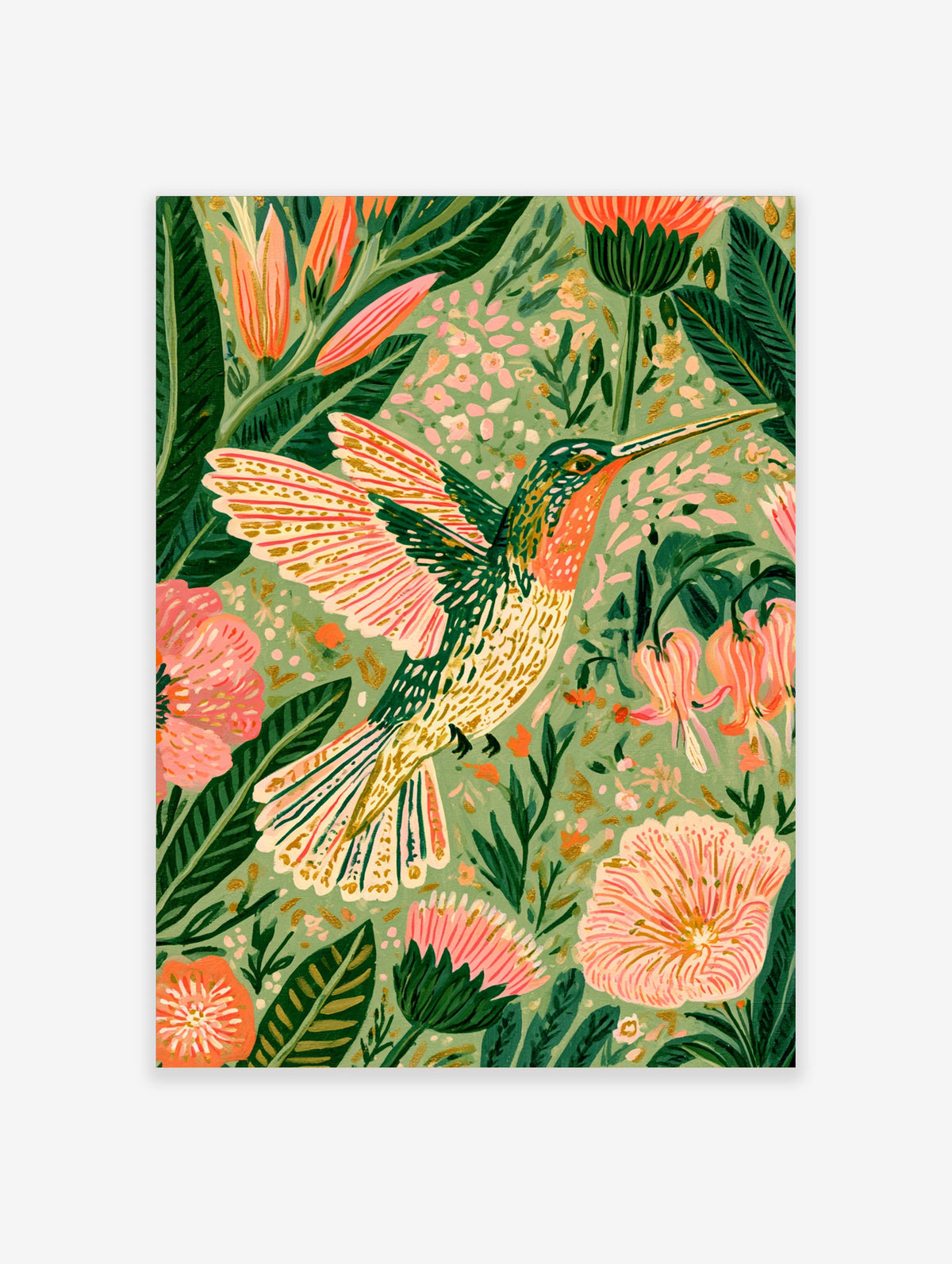 Hummingbird flying among pink flowers and green leaves in a botanical art print