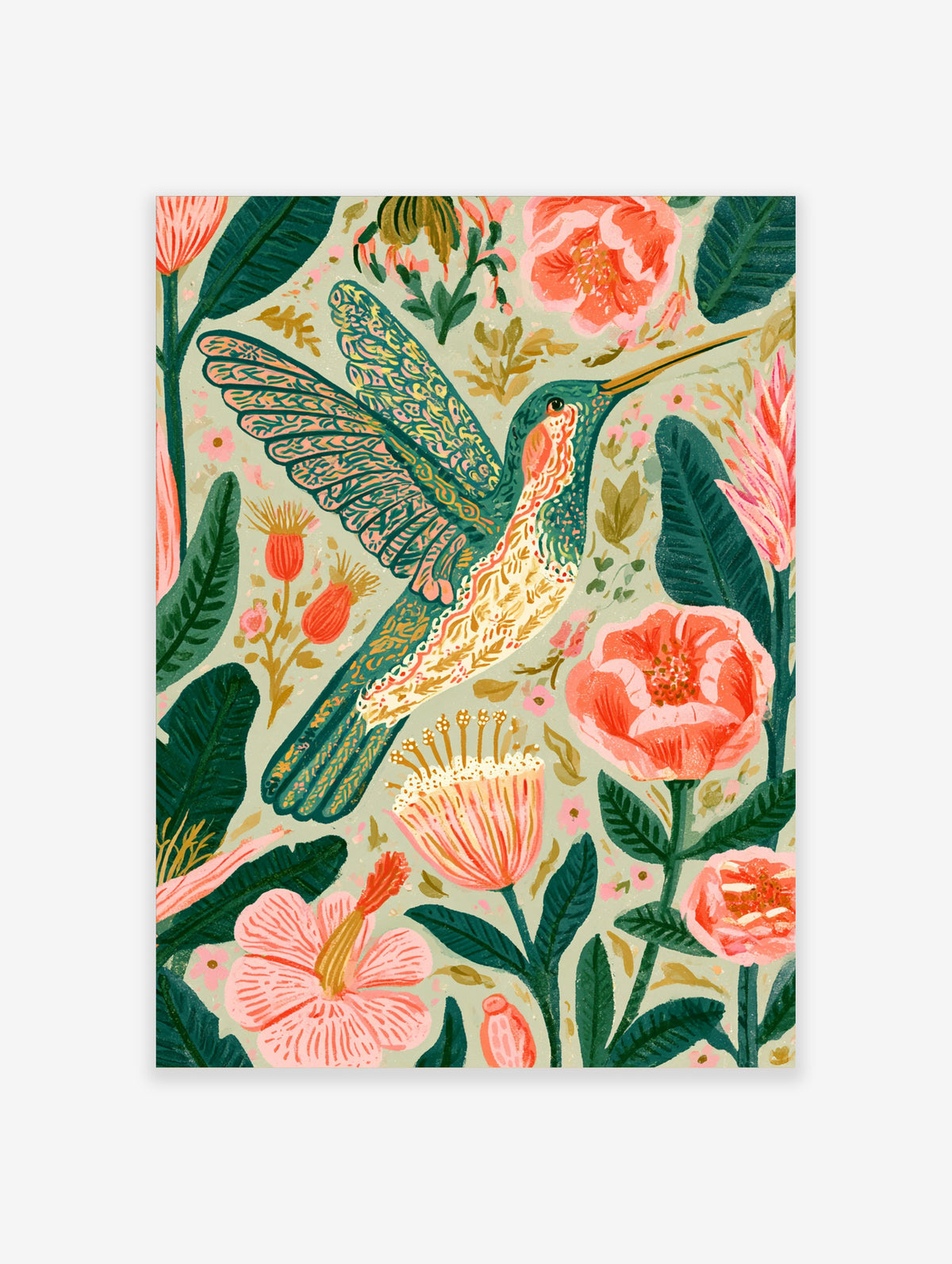 Teal hummingbird hovering among pink and coral flowers with green leaves on a pale green background