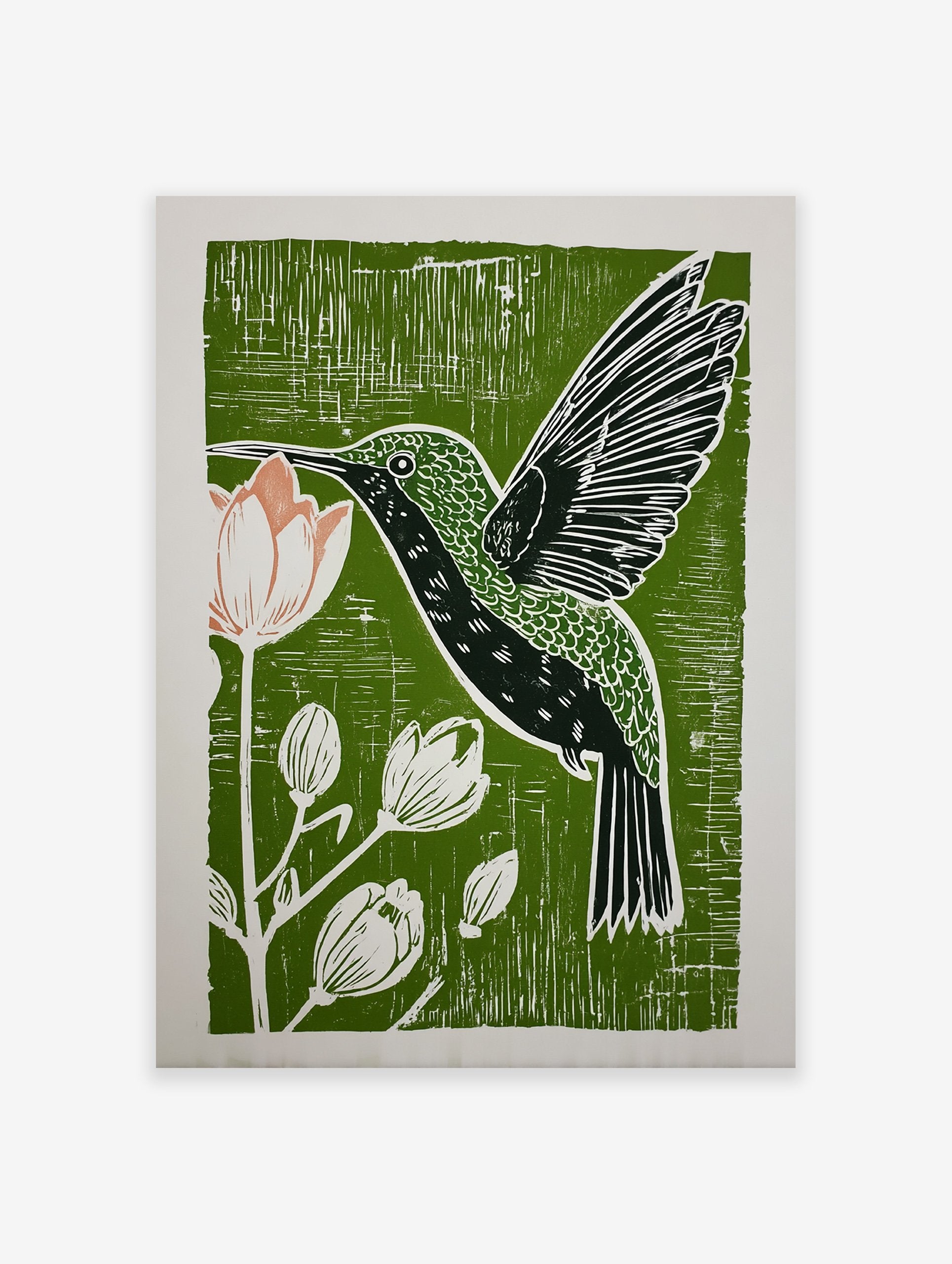 Green linocut print of a hummingbird drinking nectar from a pink flower, surrounded by botanical buds, on a textured background.