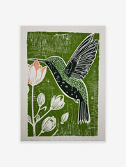 Green linocut print of a hummingbird drinking nectar from a pink flower, surrounded by botanical buds, on a textured background.