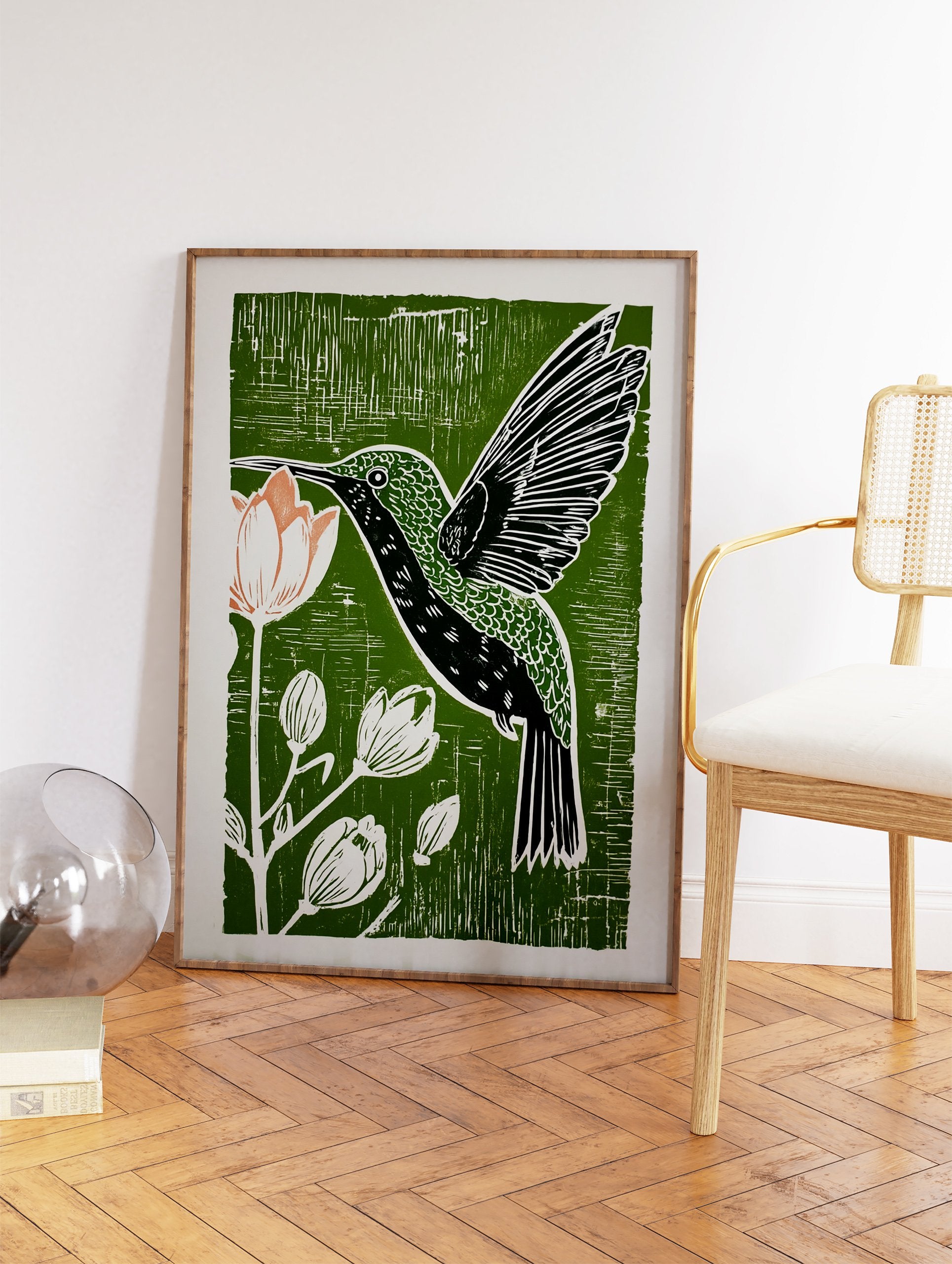 Green linocut print of a hummingbird drinking nectar from a pink flower, surrounded by botanical buds, on a textured background. - Image 2