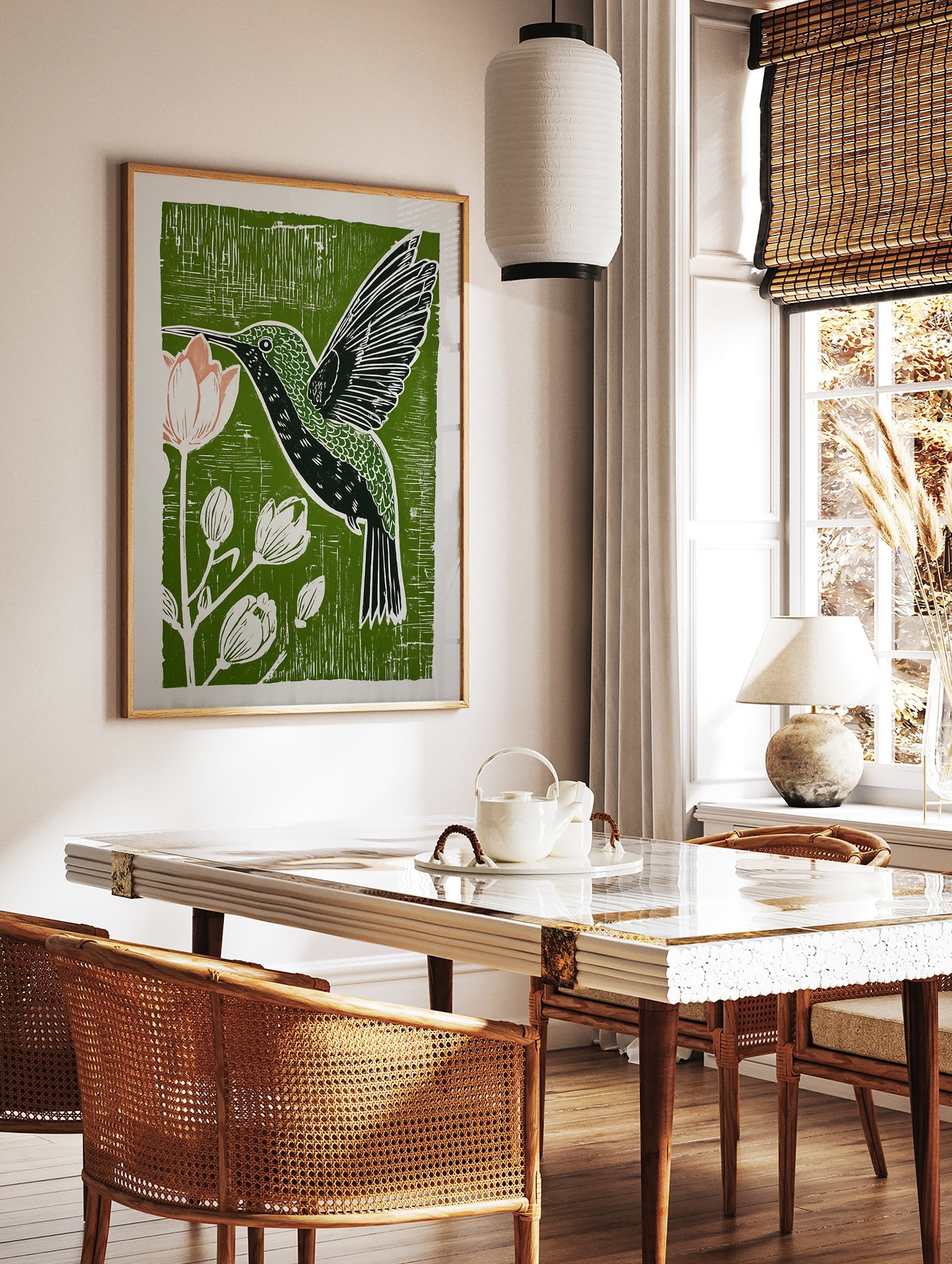 Green linocut print of a hummingbird drinking nectar from a pink flower, surrounded by botanical buds, on a textured background. - Image 3