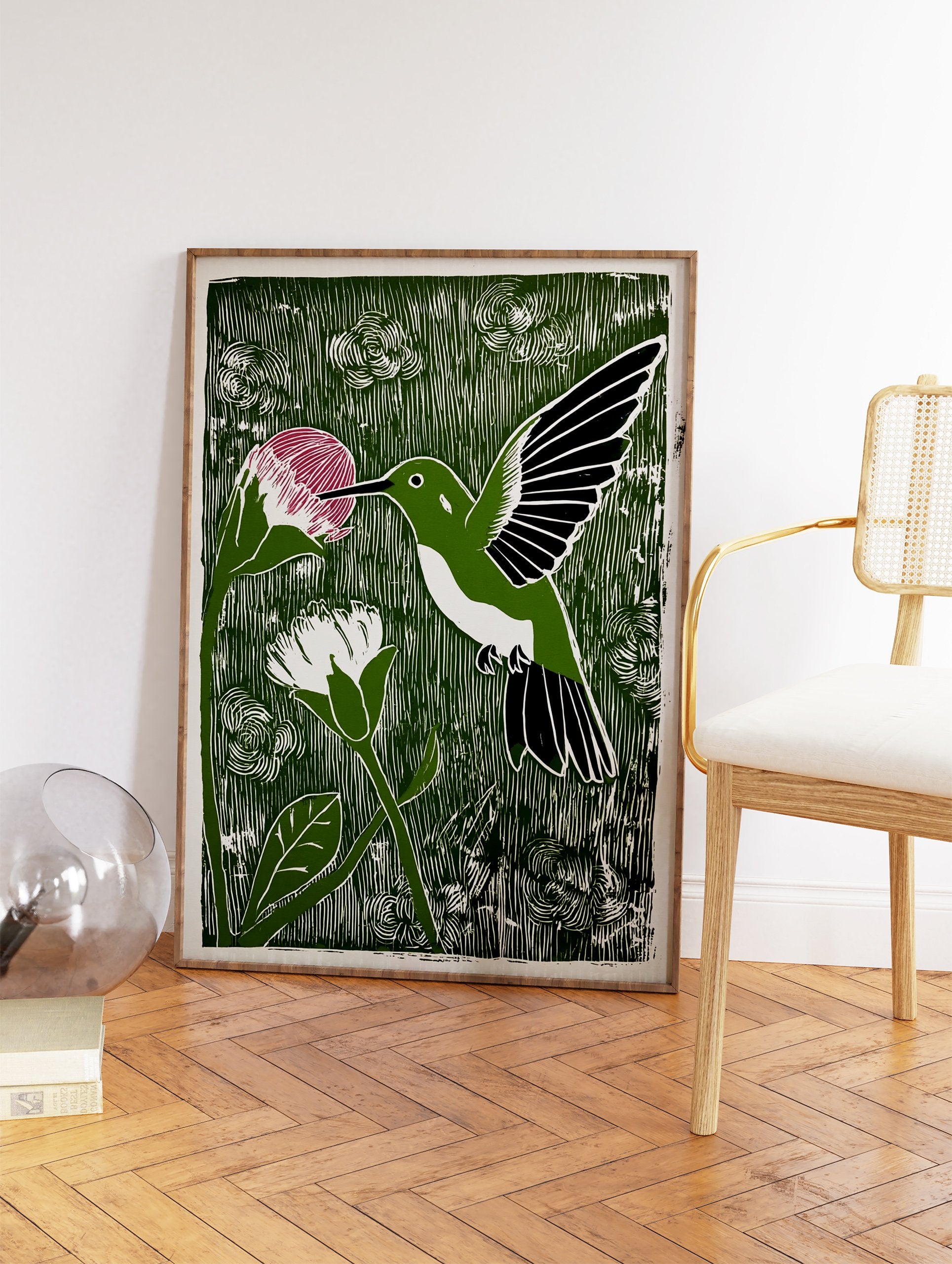 Green linocut print of a hummingbird with a pink flower, white flower, and foliage. - Image 2